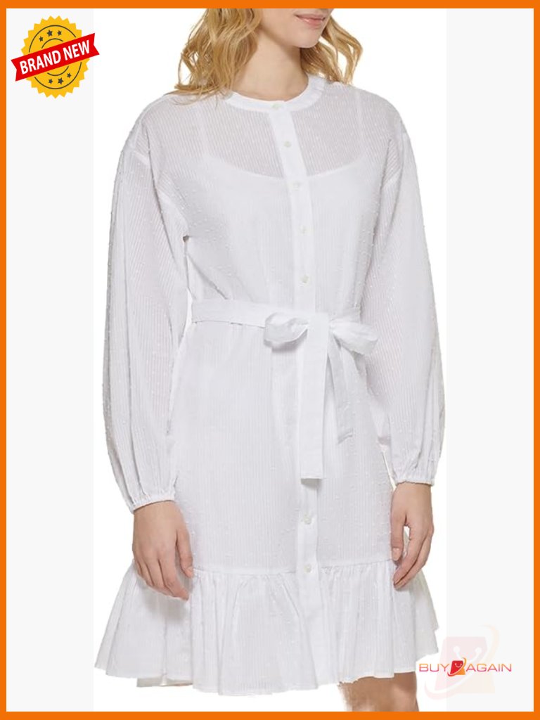 Long Sleeve Button Front Shirt Dress With Adjustable Strap - Knee Length